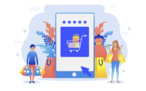 Ilustrace nákupního košíku na telefonu a zákazníků e-shopu