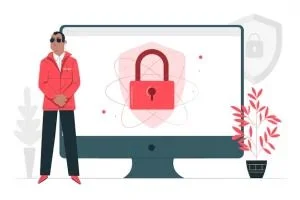 Ilustrace zabezpečení počítače se zámkem a ochranou dat