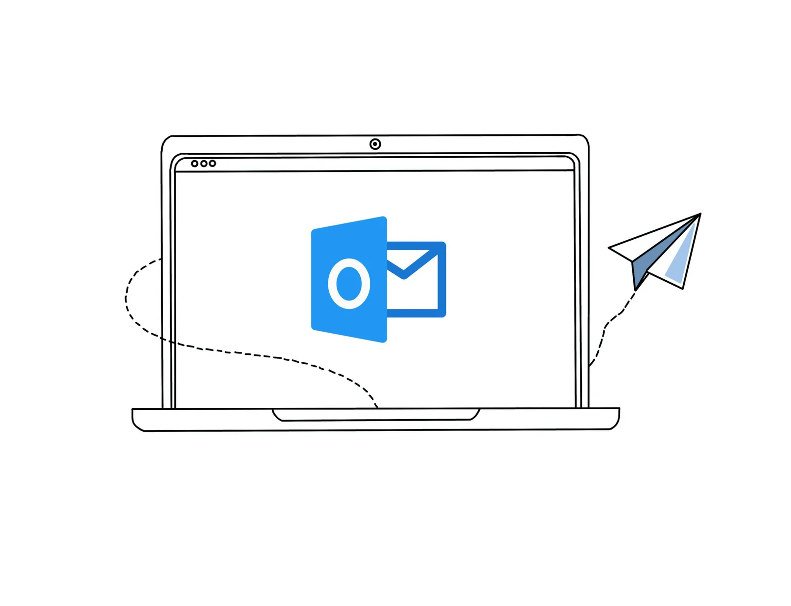 Logo Outlook na notebooku se symbolem odesílání e-mailů