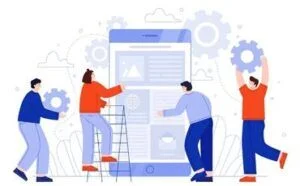 Ilustrace týmové práce na e-mailové šabloně a automatizaci
