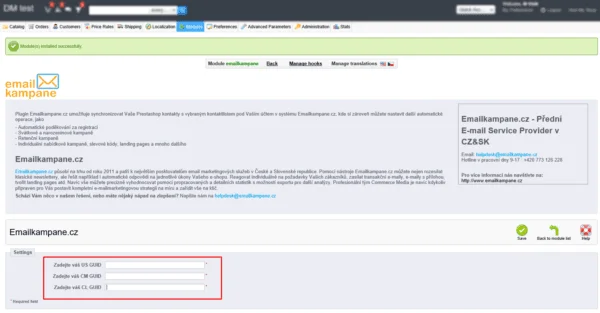 Vložení API údajů do nastavení modulu Emailkampane.cz v PrestaShopu