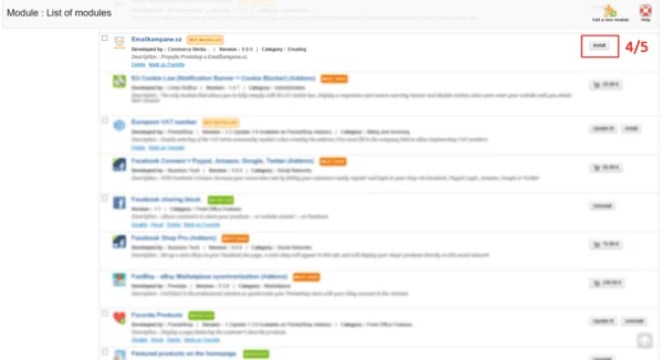 Vyhledání modulu Emailkampane.cz v administraci PrestaShopu