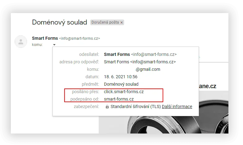 Detail doménového souladu odesílatele a podpisu e-mailu