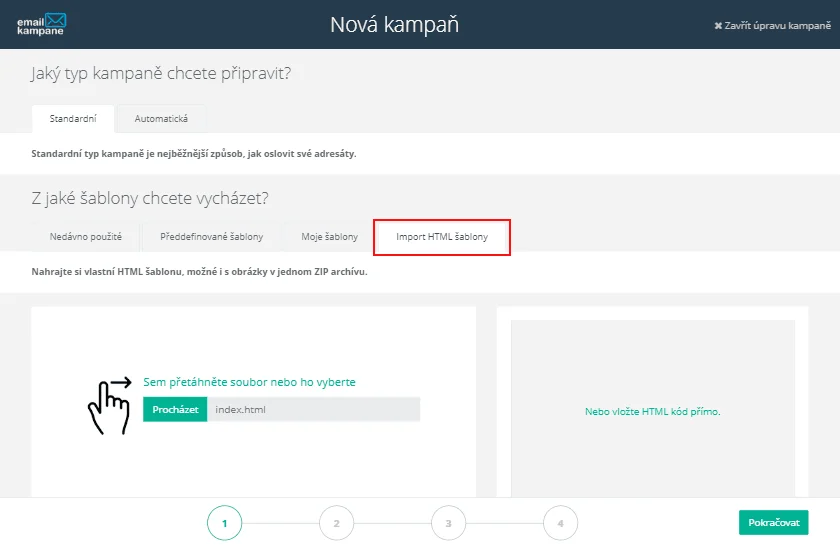 Import nové e-mailové kampaně z HTML souboru nebo ZIP archivu