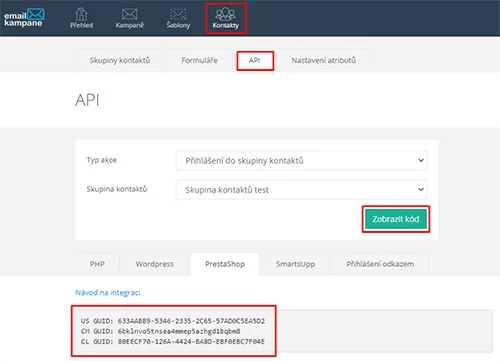 Nastavení API klíče pro propojení PrestaShopu s Emailkampane.cz
