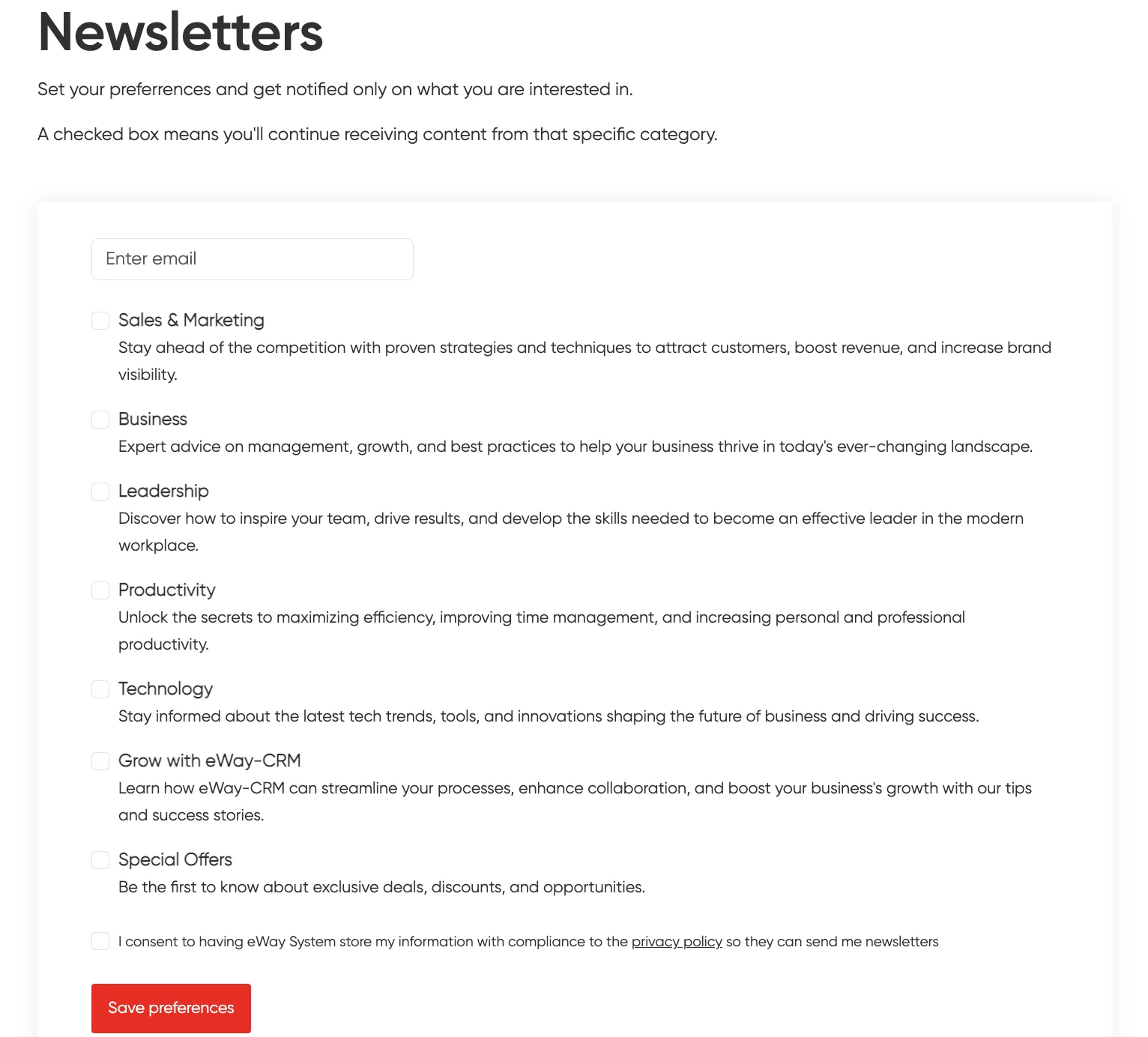 Formulář pro výběr témat odebíraných newsletterů