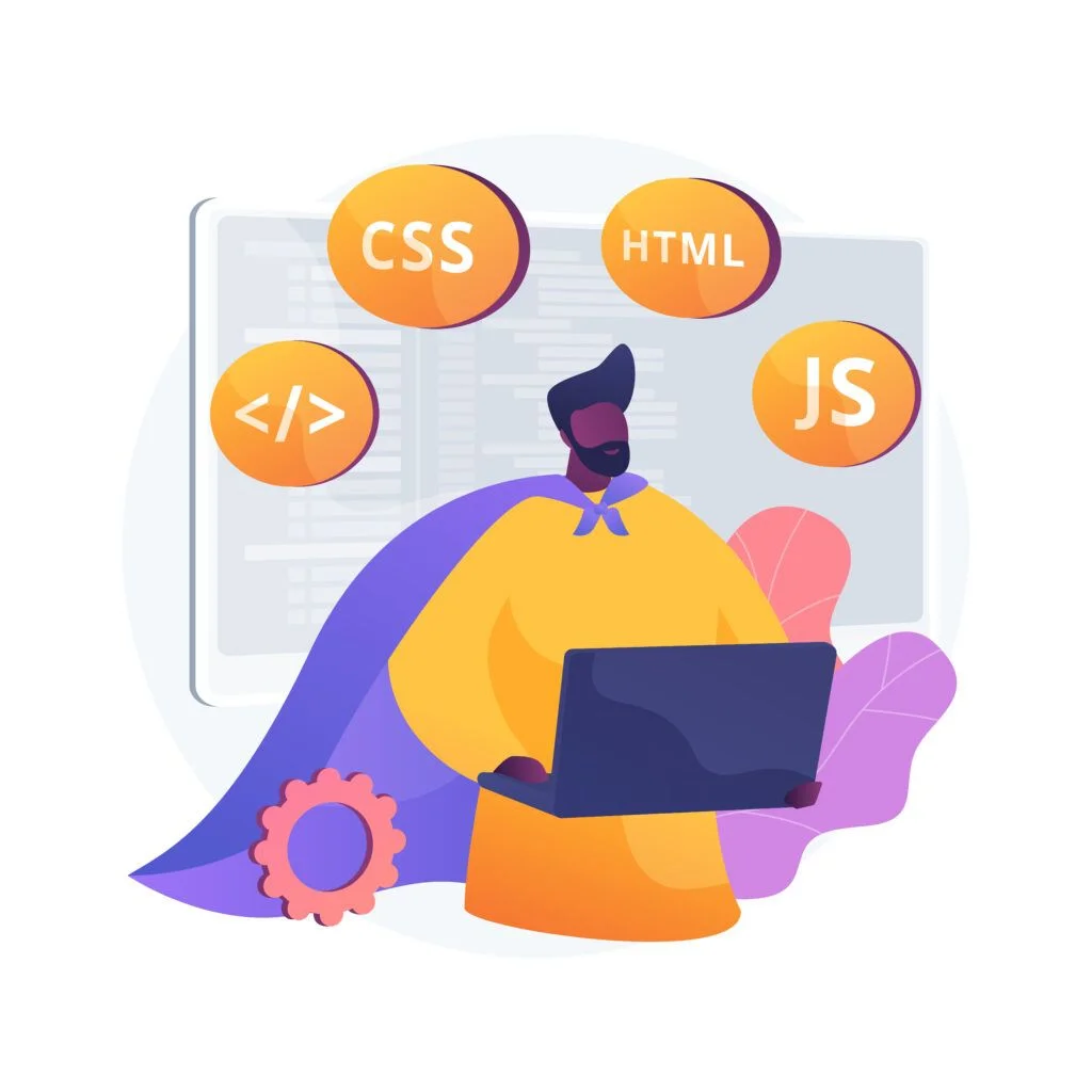 Ilustrace programátora s notebookem a symboly HTML, CSS a JavaScriptu