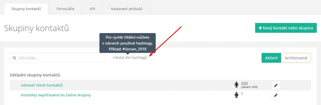 Filtrování skupin kontaktů pomocí hashtagů