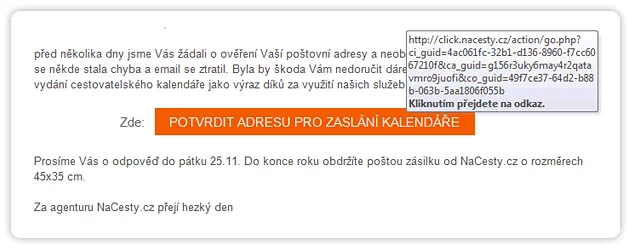 E-mail s tlačítkem pro potvrzení adresy a žádosti o zasílání kalendáře