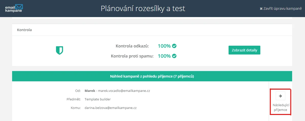 Náhled kampaně a test s volbou nastavení příjemce