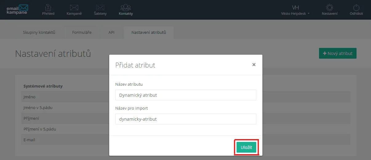 Dialog pro nastavení a uložení nového atributu kontaktu