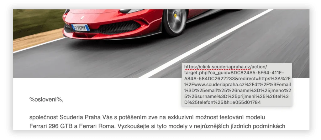 Ukázka trackovaného odkazu v e-mailové kampani s nabídkou automobilů