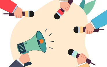 Ilustrace marketingové komunikace s megafonem a mikrofony
