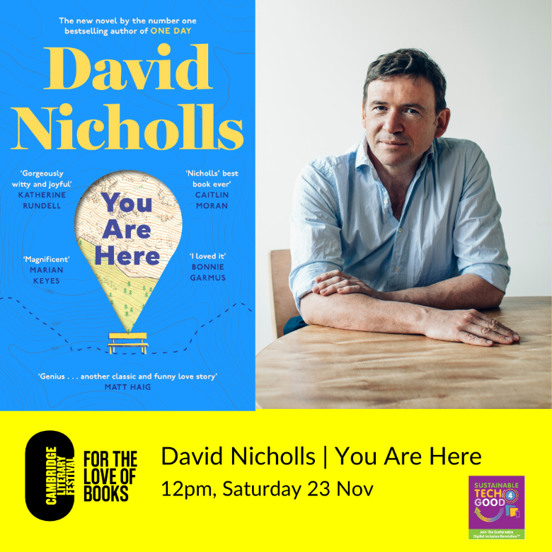 The front cover of David Nicholl's You are here book alongside an image of David looking at camera