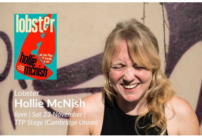 A photograph of Hollie McNish facing camera laughing with her eyes closed