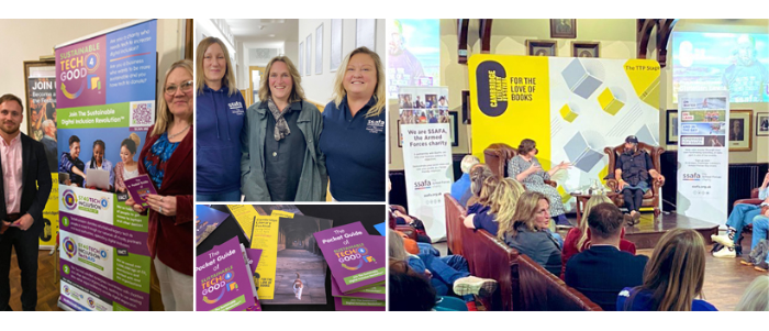 Pictures of Sustainable Tech 4 Good founder Sue Gowling, Denise Coates and Charlie Gowling with memebrs of SSAFA and sat listenign to the talk with Christian Lewis talking on stage